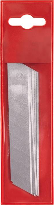 Pack of replacement blades for a utility knife, transparent plastic with red border, five silver blades visible.
