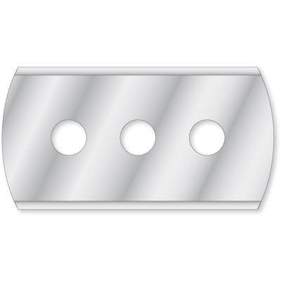 The image shows a silver razor blade with three round holes in the centre.