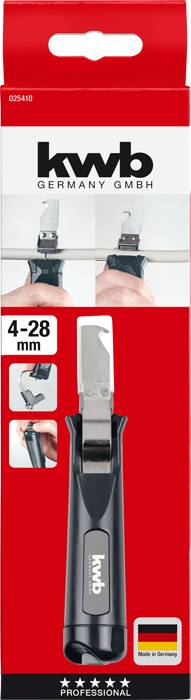 'Can opener packaging by KWB. Demonstrates application and opener for cans 4-28 mm. Brand logo on top, presented to you against a grey background.'