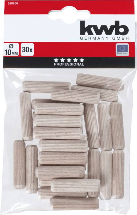 Packaging containing 30 wooden dowels, 10 mm diameter, by KWB Germany GmbH, suitable for professional applications.