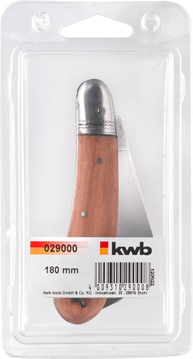 Packaged pocket knife with wooden handle, metal blade; kwb logo and article number '029000' on the packaging.