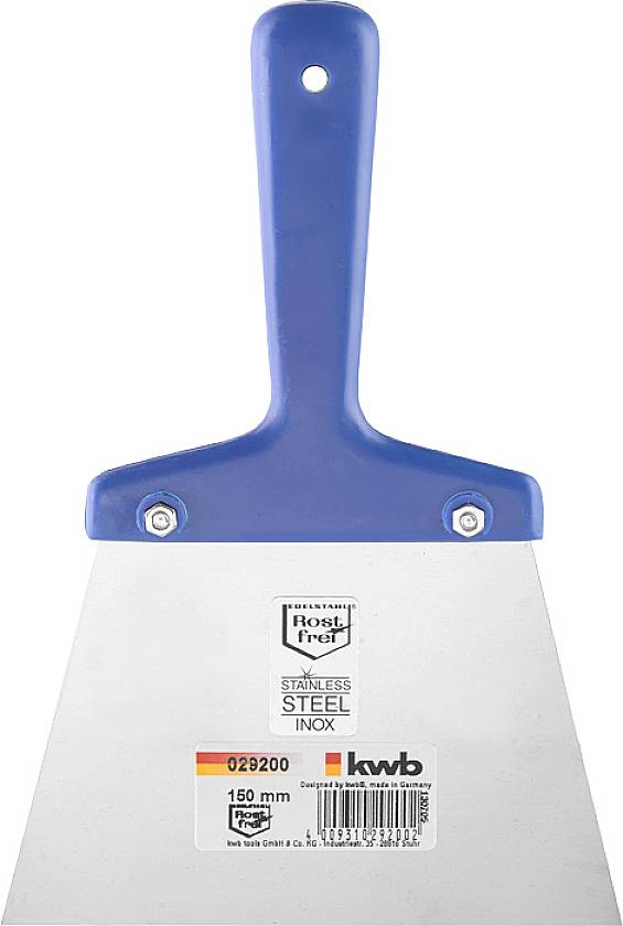 A trowel with a blue handle and silver blade. On the blade are the words 'STAINLESS STEEL INOX'.