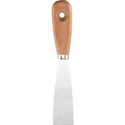 Palette knife with a wooden handle and a narrow, rectangular metal blade. Designed for painting or plastering work.