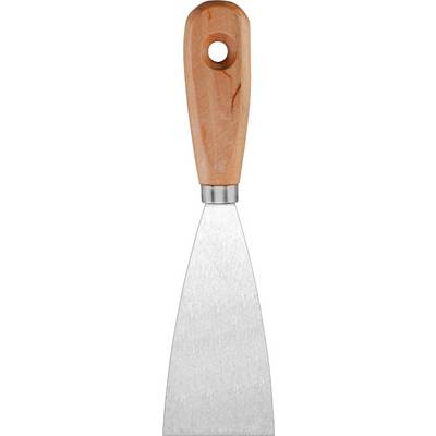 Metal filling knife with a wooden handle and hanging hole, used for smoothing or removing materials.