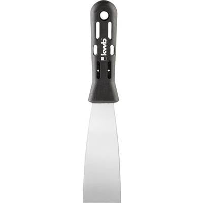 Black spatula with metal blade, suitable for kitchen or grilling. Company name embossed on the handle.