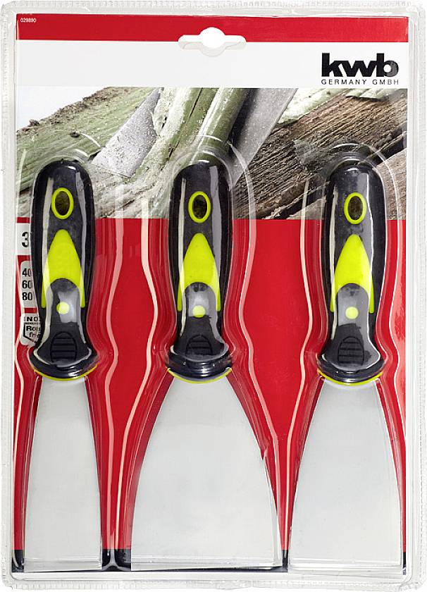 Three spatulas with black and yellow handles in a transparent plastic packaging, suitable for various construction and painting work.