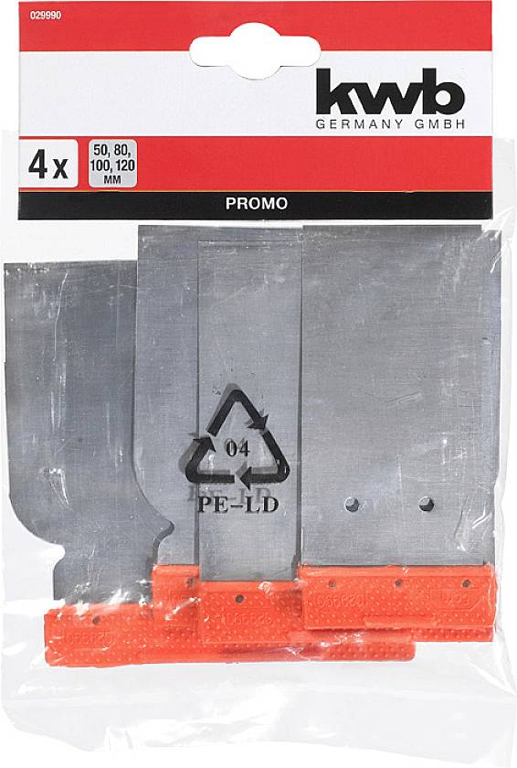 'Product packaging by kwb, contains four filling/plastering blades in sizes 50, 80, 100, and 120 mm, suitable for various applications.'