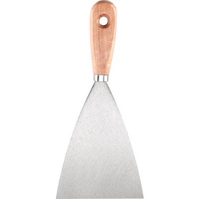 Wooden-handled spatula with a round opening at the end of the handle, silver blade; a tool used for smoothing or removing materials.