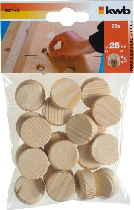 'kwb' wooden dowel caps, pack of 20, 25 mm diameter, in packaging. Used for woodworking, such as covering screws.