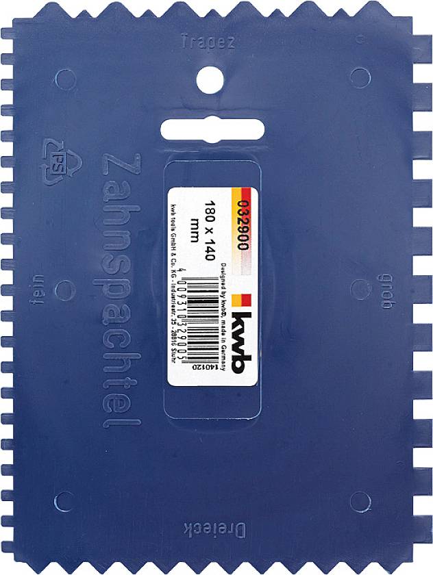 Blue plastering trowel with handle hole. Printed dimensions: '180 x 140 mm'. Brand: 'kwb'.