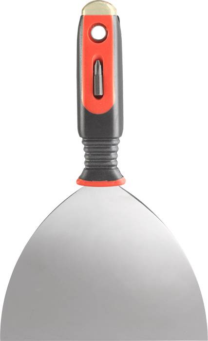 Filling knife with a black handle and silver metal blade; a tool used for applying filler or putty.