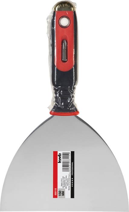 Wide spreading tool with red and black handle, ideal for spreading or removing materials on flat surfaces.