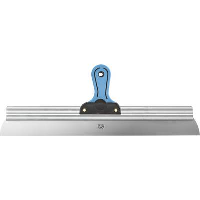 'Finishing trowel with blue handle' in the centre. Wide metal blade underneath, suitable for evenly applying materials.