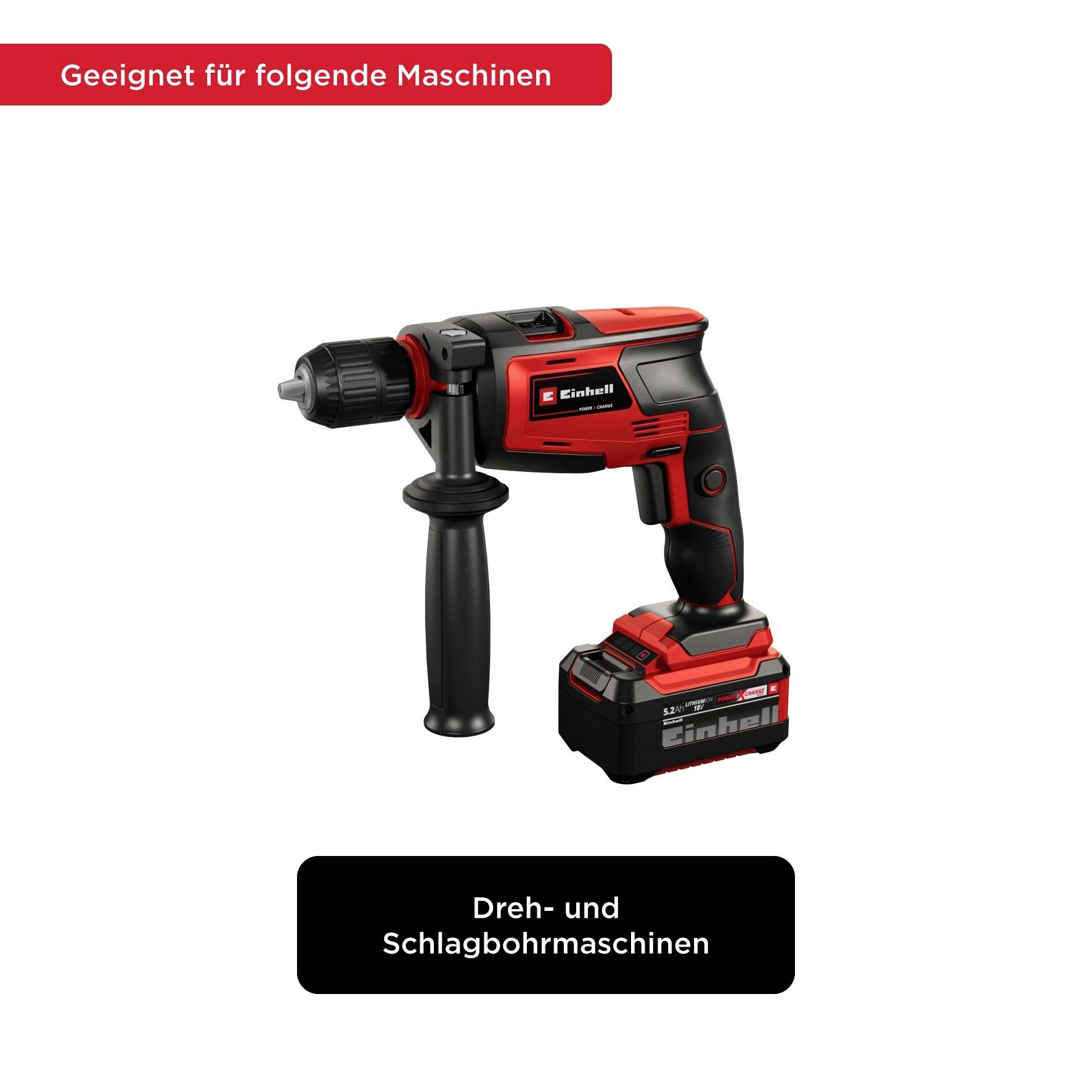Battery drill with red and black design. Suitable for impact drills. Einhell brand visible.