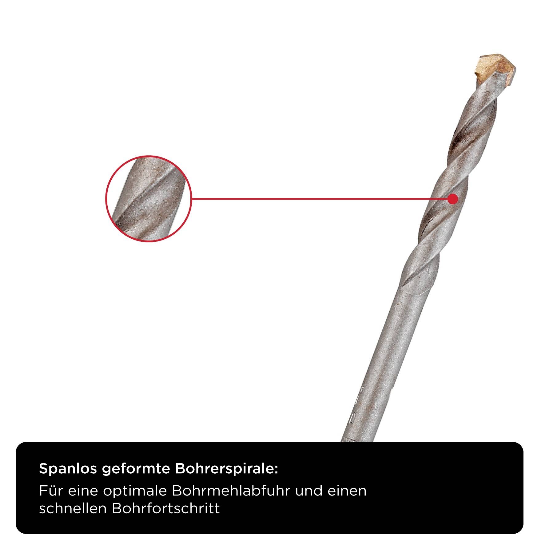A drill with a chip-free formed spiral, enlarged detail shows the structure. Text: 'For optimal drill chip removal and rapid drilling progress'.