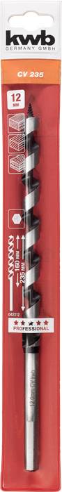 'kwb' Wood Drill Bit in Red Packaging. Size: 12 mm. Long, spiral design for woodworking. Brand and specifications above.