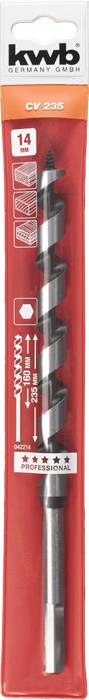 A packaging label displays a long drill bit from the brand 'KWB' in a red and white package. The drill bit is designed for woodworking.