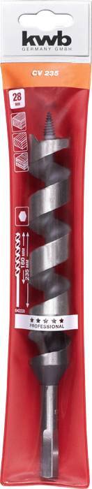 'Wooden drill bit in packaging with a red background, kwb brand, size 28 mm, specifically designed for woodworking.'