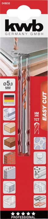 Drill bit marked 'kwb Germany GmbH 5.0 mm'. Suitable for materials such as metal, wood and plastic. Five-star quality.