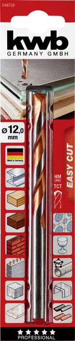 Packaging for a 12 mm milling cutter by 'kwb Germany GmbH', suitable for wood and metal. Includes symbols for applications and properties.