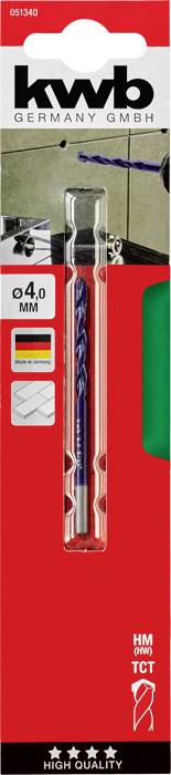 Drill packaging with inscription 'kwb GERMANY GMBH' and '4.0 MM'. Contains a blue drill.