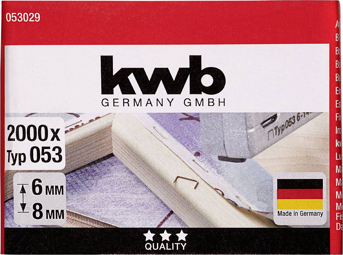 Packaging of staples ('Type 053'), 2000 pieces, for stapling devices. German flag and text 'Made in Germany' visible.