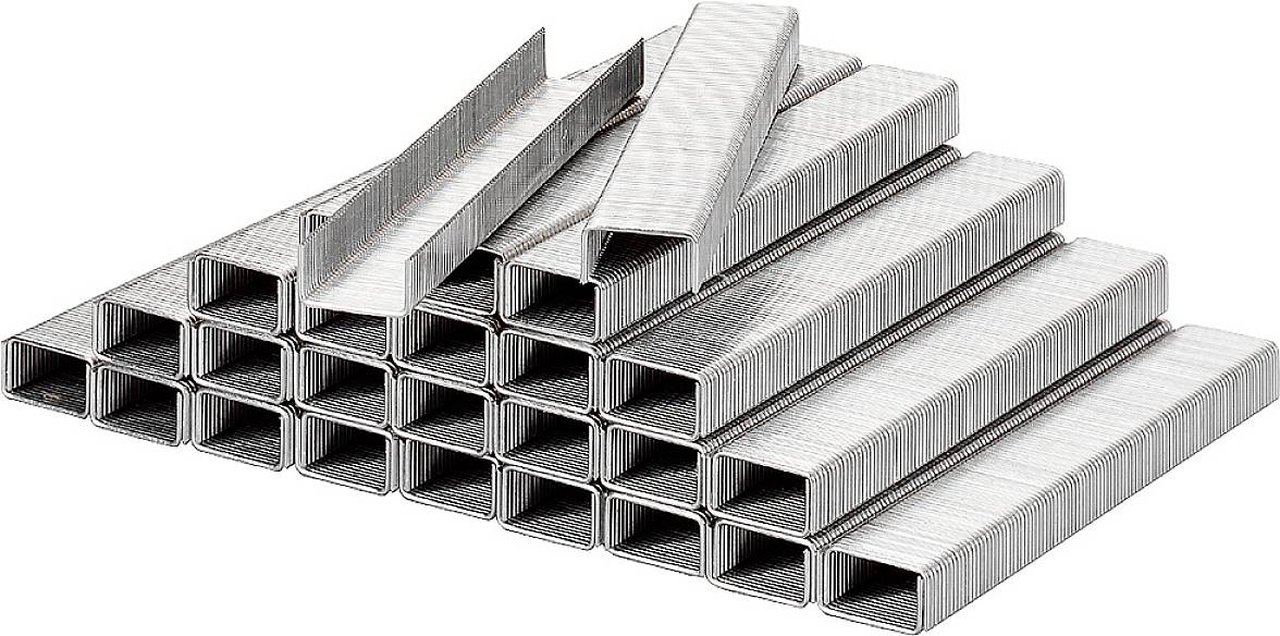 A stack of galvanised staples, neatly arranged, reveals the gleaming metal surface and rectangular shape.