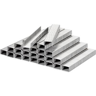 A stack of galvanised staples, neatly arranged, reveals the gleaming metal surface and rectangular shape.
