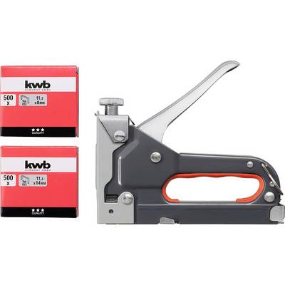 A silver stapler with a red handle next to two red staple boxes, each containing 500 staples in sizes 11.3 x 8 mm and 11.3 x 14 mm.