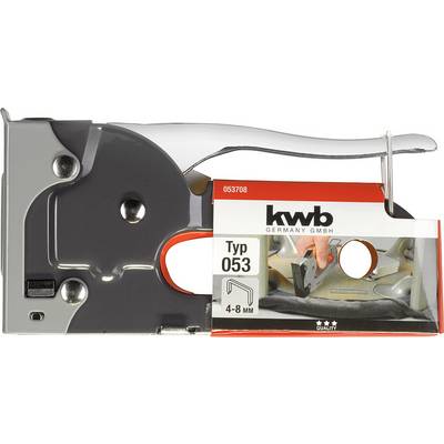 A KWB Type 053 stapler, suitable for staples from 4-8 mm. Packaging shows an image of the device in use.