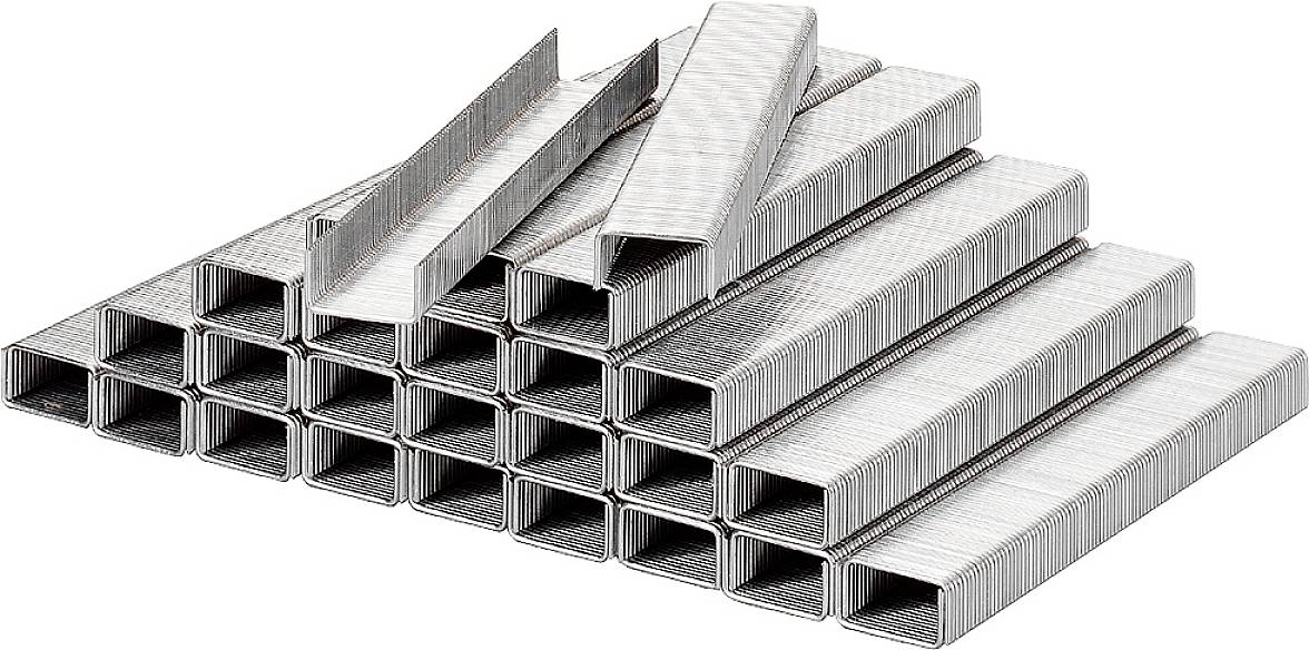 Staples in a stacked arrangement. Silver, rectangular shape, ready to be used in a stapler.