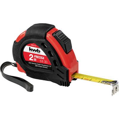 Black and red tape measure with the inscription '2M Precisa'. It shows a yellow scale that is partially extended.