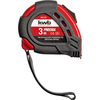 'Black and red measuring tape printed with: kwb Germany GmbH, 3 m, Precisa, Stuhr, Germany. Compact design with grip band.'