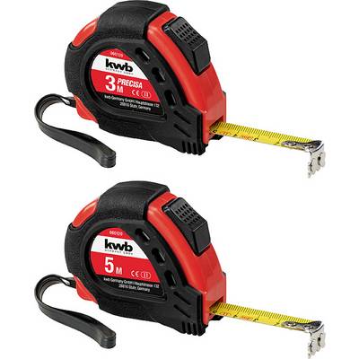 Two red and black tape measures with yellow markings. The top tape measure shows 3 metres, the bottom one 5 metres. Both have carrying handles.