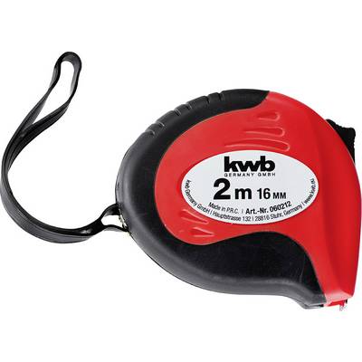 Black and red measuring tape with 'kwb' logo, 2 metres long and 16 mm wide, with hand loop, shown sideways.