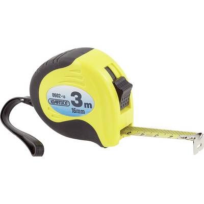 A yellow tape measure with a black casing, extended to 55 cm. The total length is 3 metres.