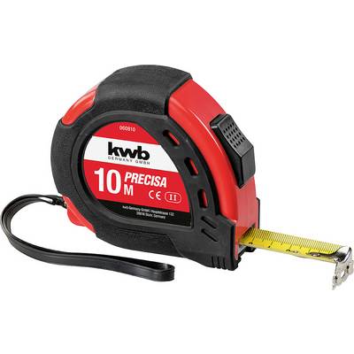 Red tape measure with black casing, 10 metres long, extendable yellow tape, 'PRECISA' marking, carrying loop.