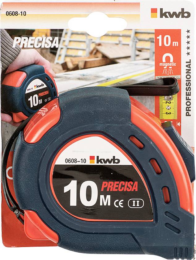 Tape measure in packaging, 10 metres in length. Marking for magnetic attachment. Packaging with brand logo and product information.
