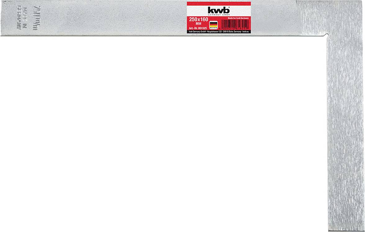An angle iron with dimensions of 250 x 160 mm and a metric scale. Understated design, suitable for precise measurements.