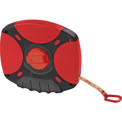 Red tape measure housing with a black handle. A tape measure is partially extended. Ideal for trade and construction work.