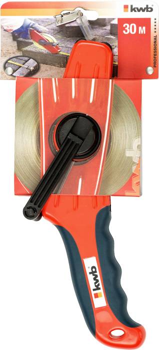 Red tape measure with black handle and winder, 30 metres long, packaging shows example of use and brand name 'kwb'.