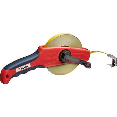 A red tape measure with a crank handle and yellow tape. The tape is unrolled and shows a marking, the casing bears a company logo.