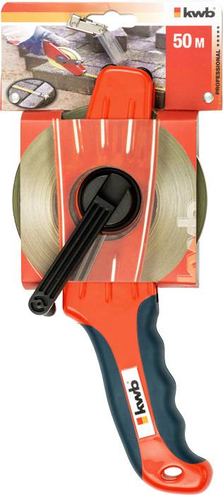 A tape measure with a red handle, black winder, packaged in a box marked '50 M' and 'kwb'.