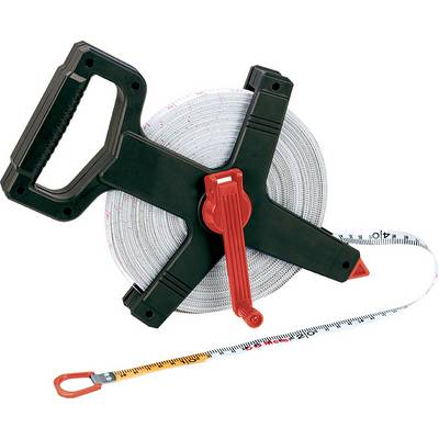 A black tape measure with a handle and red rotating grip, with the tape extended showing centimetre and metre measurements.