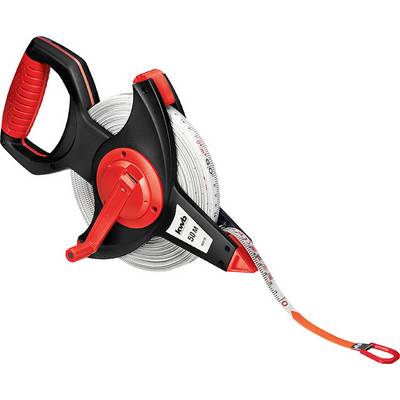 A measuring tape with a red and black handle, coiled in a case, visible up to the 50-metre mark.