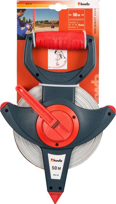 A 50-metre measuring tape by kwb with a red handle and winder, attached to packaging with product information on top.