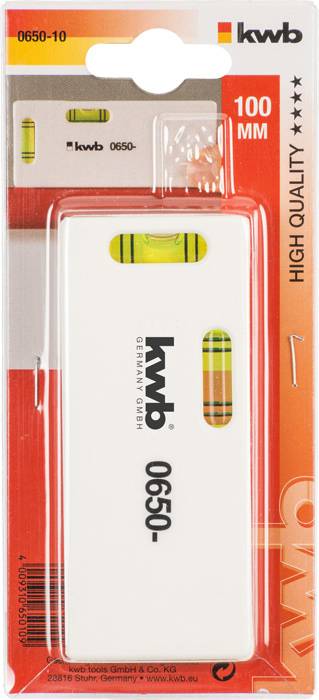 Spirit level in packaging, vertical and horizontal measuring device, 100 mm, brand 'kwb', red and white packaging, quality print.