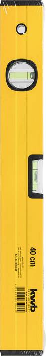 Yellow spirit level with two horizontal spirit bubbles for measuring flatness. Length: 40 cm.