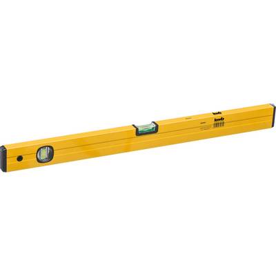 Yellow spirit level with two integrated bubble vials for checking horizontal and vertical alignment.