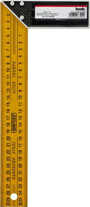 A yellow steel set square with black printed numbers and markings. Upper section black. Brand 'KWB'.